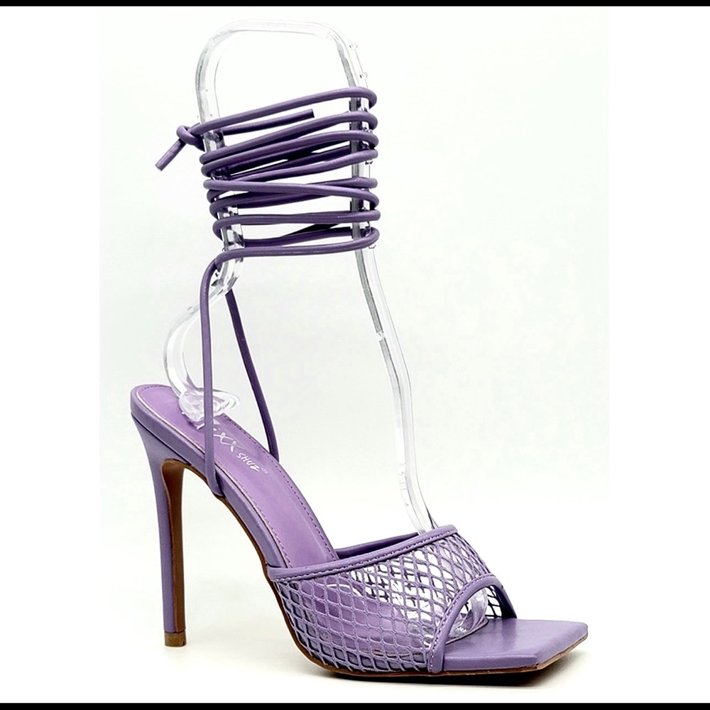High heel sandal with mesh upper and ankle tie strap